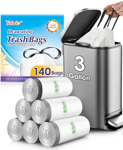 3 Gallon Small 140 Counts Strong Drawstring Trash Bags Garbage Bags by Teivio Bathroom Trash Can Bin Liners Plastic Bags for home office kitchen White