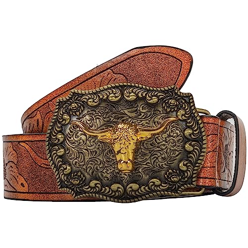 UTOWO Western PU-Leather Cowboy Buckle Belt for Men and Women Jeans Engraved Floral Longhorn Bull Buckle Belt (25-38" waist)3