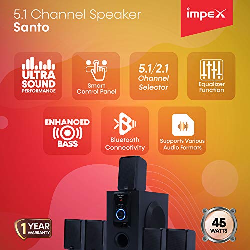 Image of Impex Santo 45 Watts 5.1 Channel Multimedia Speaker System with USB /SD /MMC Card /Bluetooth /FM Radio & Remote Function (Black)