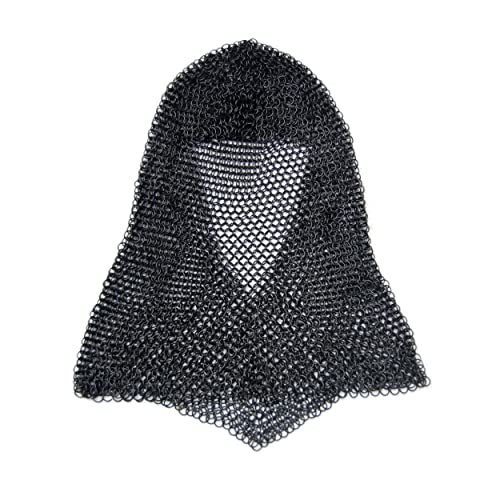 Image of AnNafi Chainmail Coif Iron Steel V-Neck Chain Mail Hood Medieval Templar Crusader Re-enacment Armor Costume,Black