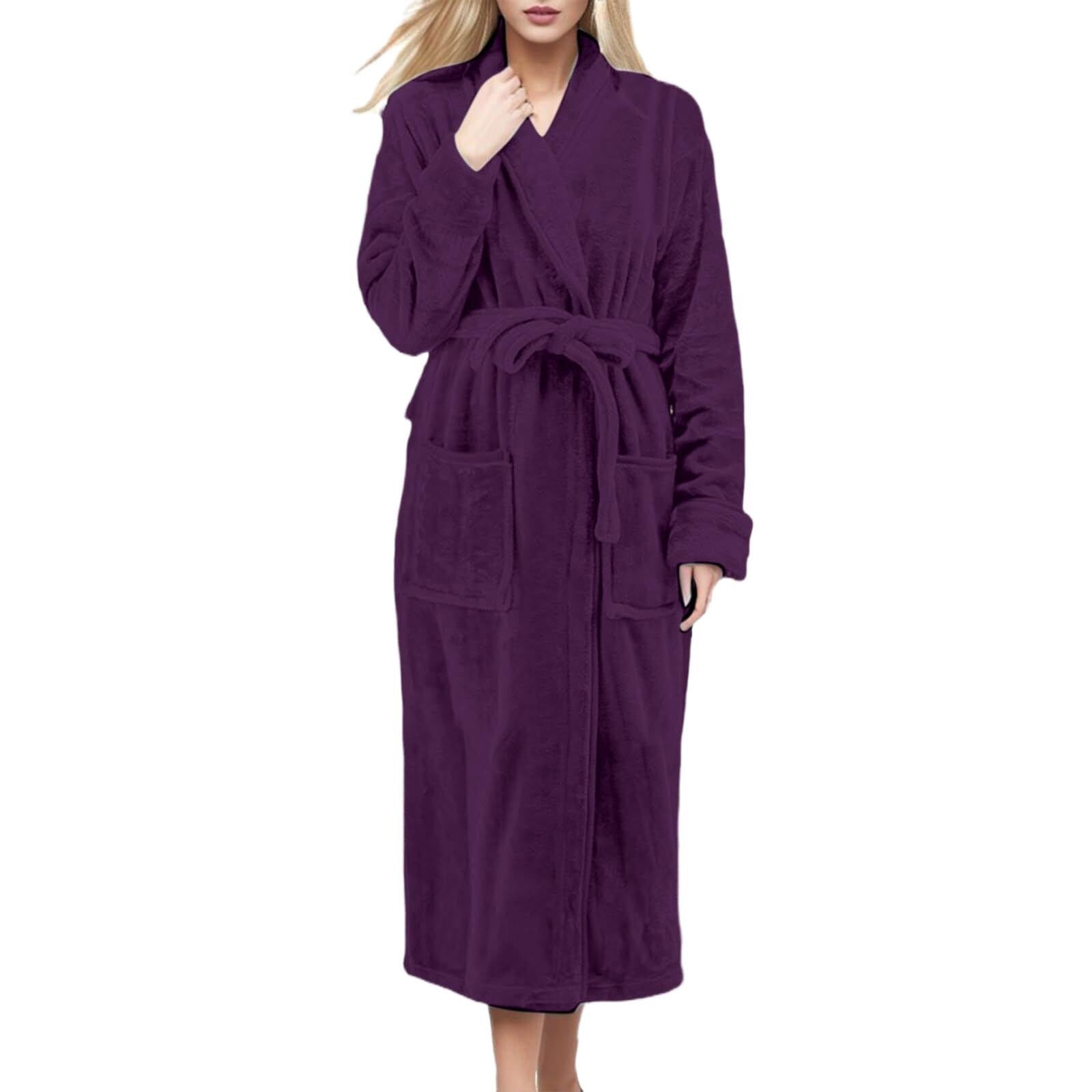 Generisch Albornoz largo para mujer, cómodo, de rizo, mullido, cálido, con bolsillos, bata de rizo elegante, monocolor, bata de manga larga, marrón, L