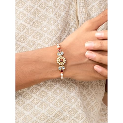 Image of Peora Rakhshabandhan Thread Rakhi for Brother Bhaiya | Kundan Beads & Crystal Studded | Combo Set of 2 | Rakhi Hamper Roli Chawal & Greeting Card