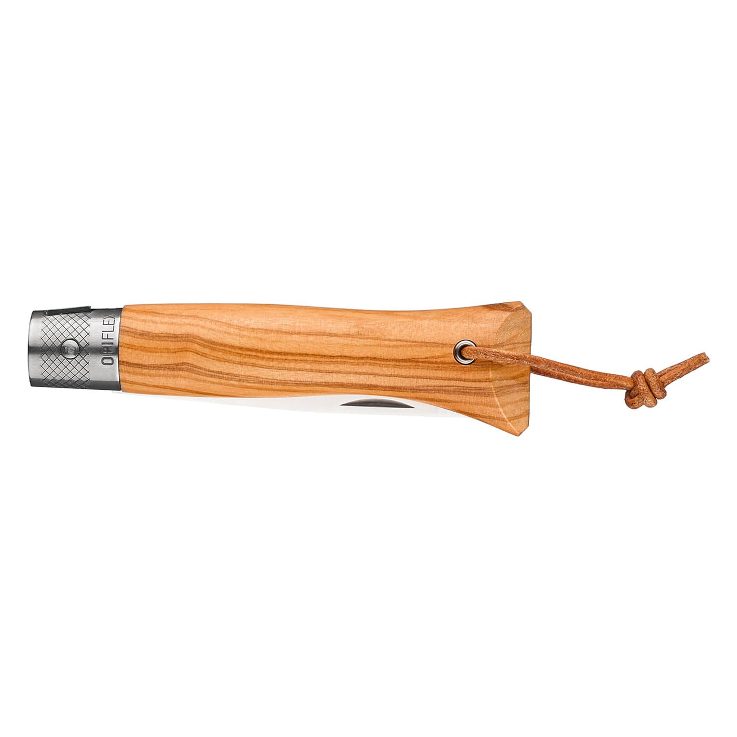 OPINEL - neo6 Opiflex Olivier - Coltello Tascabile Tradizionale - Lama 7 cm in Acciaio Inox, Manico in Legno d'Ulivo Verniciato a Grana Mediterranea, OPIFLEX Senza Blocco, Laccetto in Pelle