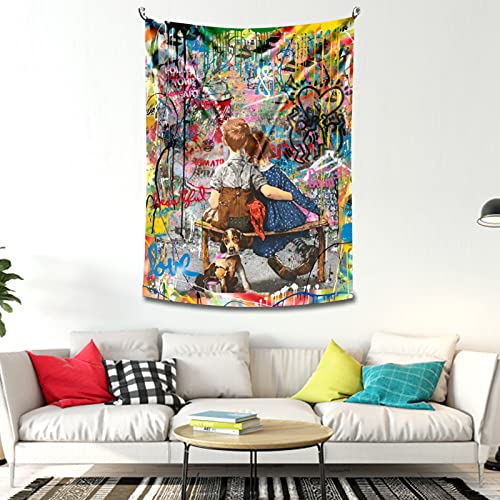Banky Tapisserie Pop Art Graffiti Petit Garçon Hugs Petite Fille Décoration de Fête Fenêtre Salon Rideaux Dortoir Décoration Murale Intérieur Tissu Multifonction Poster Tapisserie 101 x 152 cm Cover