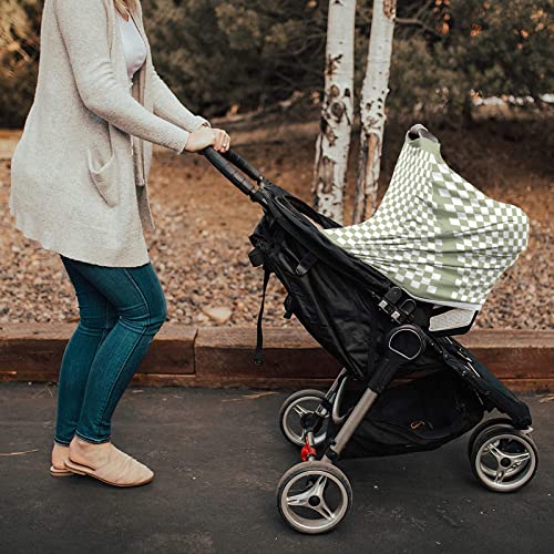 Image of Sage Green Car Seat Covers for Babies, Nursing Breastfeeding Covers Stretchy Breathable Baby Carseat Canopy Cover for Girls and Boys Shower Gifts Modern Minimalism Checkered Plaid