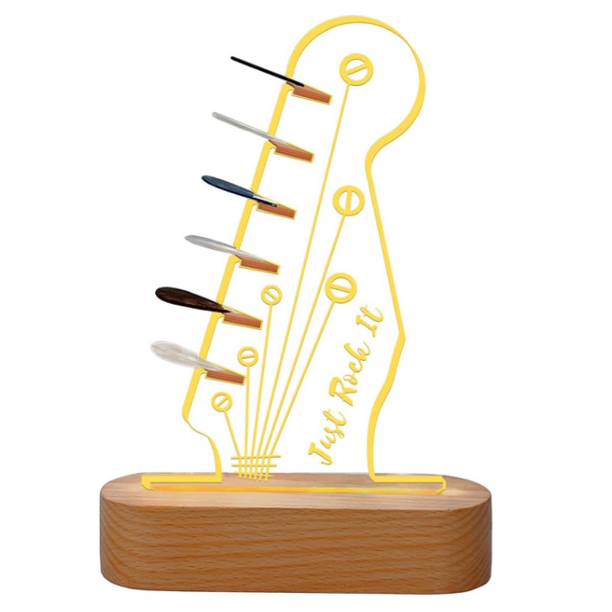 Muiltvoe Light Up Guitar Pick Holder Acrylic Electric Guitar Headstock Shaped Pick Holder With Wooden Base For Guitar Players Guitarists