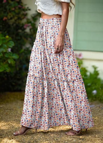 Image of Lepunuo Womens Casual Boho High Waisted Flowy Maxi Skirts Tiered Floral Long Skirts with Pockets for Summer Beach Vacation