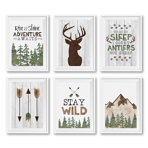 Image of Hadley Designs 6 Reversible 8x10 Hunting Decor Prints, Unframed Deer Wall Art, Adventure Nursery Decor For Boys, Woodland Nursery Wall Decor For Boys Bedroom, Baby Boy Nursery Decor