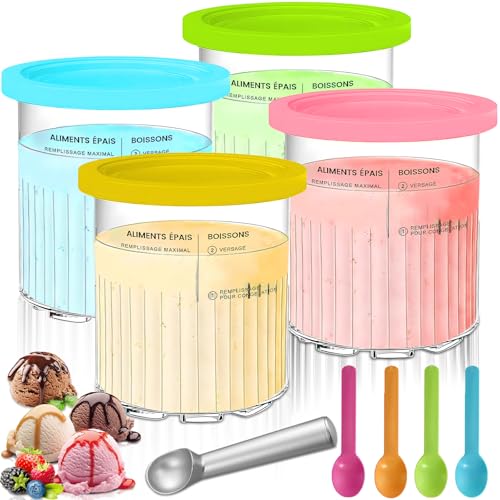 POWZOO 4 Stück Creami Behälter für Ninja Creami Deluxe Pints,800 ml Eisbehälter für NC500 NC501-Serie,mit Deckeln,mit Aluminiumlöffel Und 4 Löffeln,BPA-frei,Wiederverwendbar Ersatzbehälter.