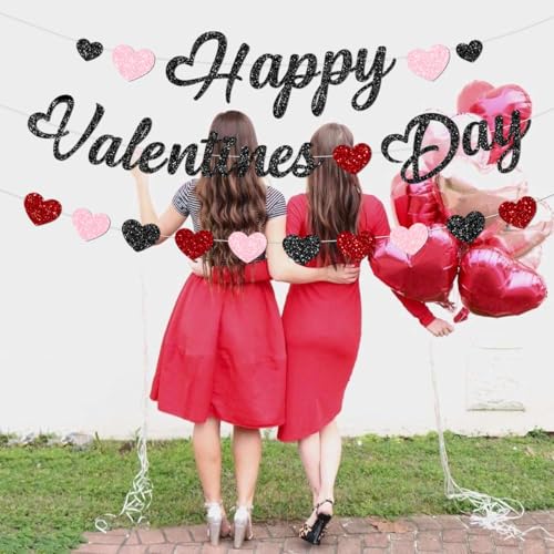 Glitter Happy Valentines Day Decorations Banner Red and Black Glittery Heart Valentine’s Day Garland Banner for Black Happy Valentine’s Day Party Valentines Wedding Anniversary Party Supplies - Image 3