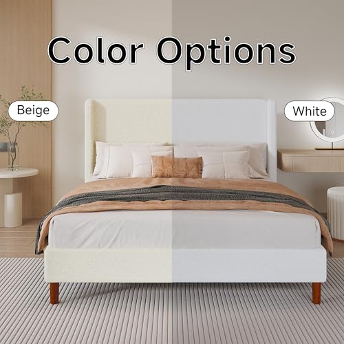 Queen Bed Frame, Boucle Upholstered Platform Bed with Iron & Wood, Beige - image 9