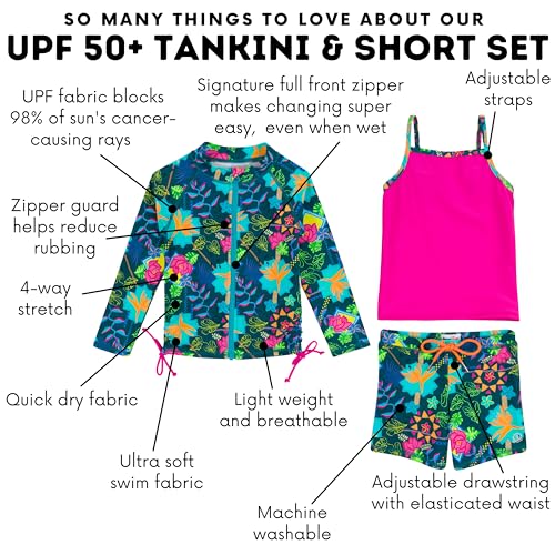 Image of SwimZip Girls' 3 Pc Swim Set w /Long Sleeve Rash Guard, Tankini & Shorts UPF 50+