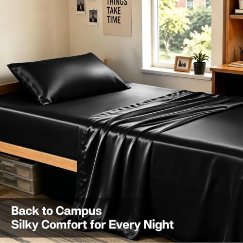 Image of MR&HM Satin Sheets with Elastic Corner Straps, Twin Size 3-Piece Silky Bedding Set, Deep Pocket 15 Inches, Good for Hair & Skin (Twin, Black)