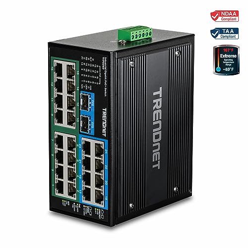Image of TRENDnet 26-Port Hardened Industrial Unmanaged Gigabit DIN-Rail Switch, TI-PG262, 16 x Gigabit PoE+ Ports, 8 x Gigabit RJ-45 Ports, 2 x SFP Ports, IP30, Lifetime Protection, Black