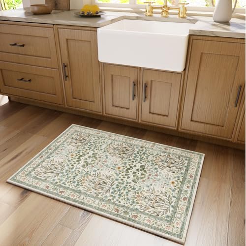 Image of Non-Slip Washable Entry Rug 2x3, Vintage Floral Indoor Front Door Mat for Entryway, Bathroom & Kitchen