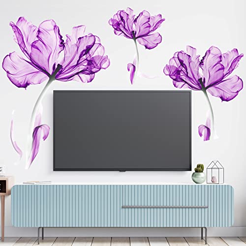 Supzone Light Purple Flower Wall Sticker Large Purple Floral Wall Decal Lotus Blossom Wall Decor Diy Vinyl Mural Art For Bedroom Living Room Offices Sofa Tv Backdrop Wall Decoration #TOP2