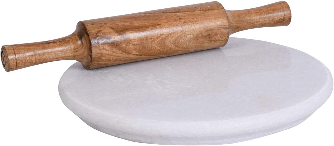 RJ Kitchenware Store White Marble Roti Maker With Wooden Belan - 10 Inch Diameter Chakla and 12 Inch Belan