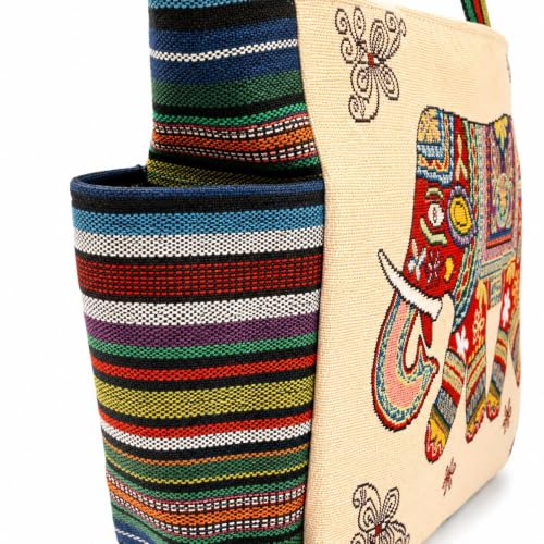Image of Elephant Print Canvas Tote Bag for Women, Ethnic Shoulder Handbag with Multicolor Elephant Design, Dual Handle Everyday Carry Bag for Shopping, Office, College, Travel & Daily Use