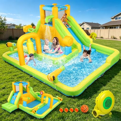 Bonnlo Chateau Gonflable Extérieur avec Piscine, Toboggan Aquatique pour Enfant, Aire de Jeux Gonflable 450 x300 x180cm, Ventilateur Inclus, Thème Lime Party