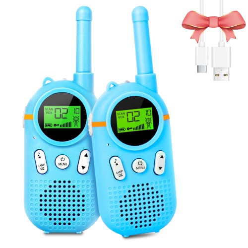 Talkie Walkie Rechargeable Enfants Longue Portée,Jeux Exterieur Jouet pour Enfants, 22 Canaux, avec Écran LCD Rétro-Éclairé Fonction VOX,Torche,Cadeau pour Filles Garçons de 3 à 12 Ans (Bleu)