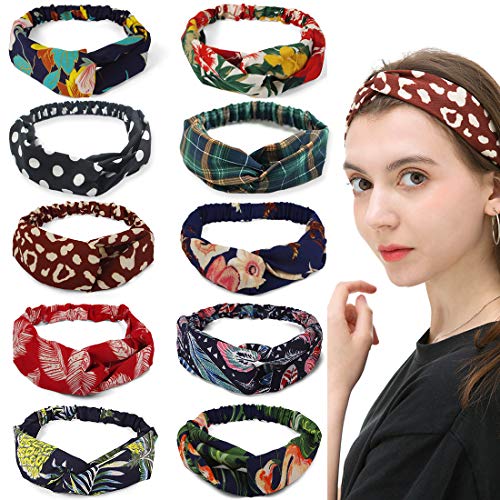 10 Pack Boho Headbands Headwraps for Women Girls, Vintage Flower Hair Bands Head band, Elastic Twisted Criss Cross Turban Head Wrap Cute Hair Accessories (2020 Update Patten) grid
