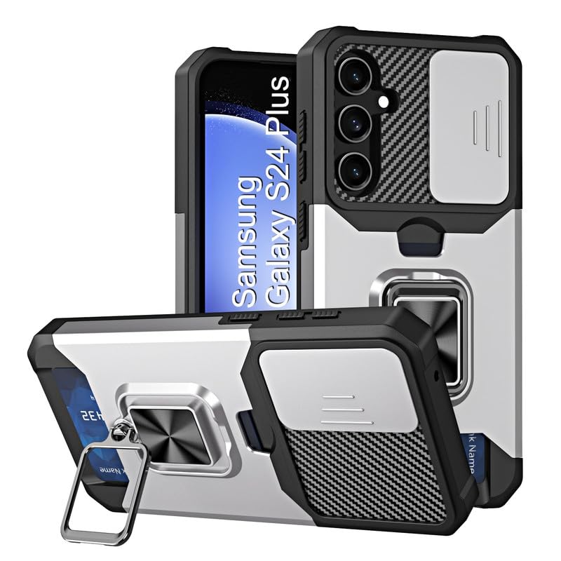 Image of LuxuryKase Shockproof Armor Case for Samsung Galaxy S24 Plus | Slide Camera Cover | Hidden Card Slot | Rotating Ring Kickstand | Magnetic Car Mount Support | Military Grade Protection - White