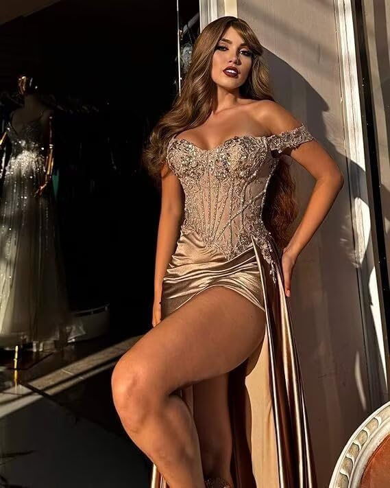 Satin Off The Shoulder Prom Dress Mermaid Sparkly Sequin Appliqued Formal Evening Party Gowns Long PM0022