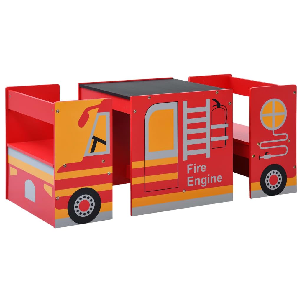 vidaXL Mesa y Sillas Infantiles 3 Piezas Forma de Camión Bomberos Juego de Actividades para Niños Escritorio Dos Asientos Muebles de Dormitorio Hogar Madera