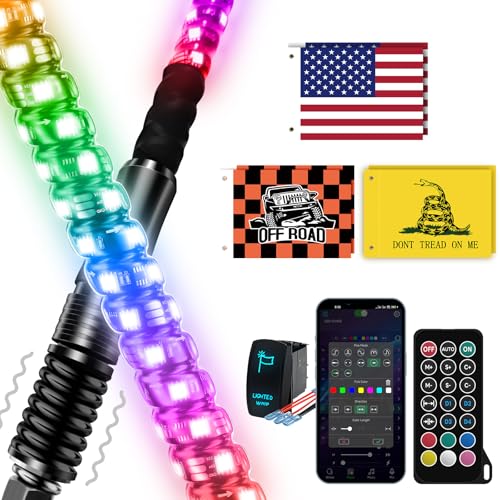 2PCS 3FT Whip Lights with Spring Base, LED Whip Lights with App & Remote Control,Spiral RGB Chasing Lighted Antenna with Rocker Switch, Music Whip Light for UTV ATV Polaris RZR SXS Jeep Truck