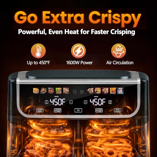 Image of Simple Deluxe 9.5-Qt Dual Basket Air Fryer, 10-in-1 Digital Preset 1700W Airfryer, Sync Cook, Independent Temp Control, Shake Reminder, Nonstick Basket, Grey