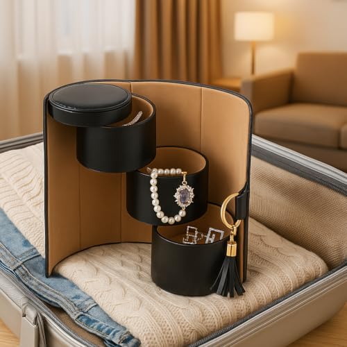Image of Luxury Travel Jewelry Organizer Case - 3-Layer Cylinder Storage Box for Rings, Earrings, Bracelets - Portable PU Leather Case for Women & Girls (Solid Black)