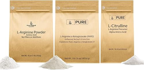 PURE ORIGINAL INGREDIENTS Paquete de polvo de L-citrulina, L-arginina y AAKG (1 libra cada uno), apto para alimentos, suplementos en polvo