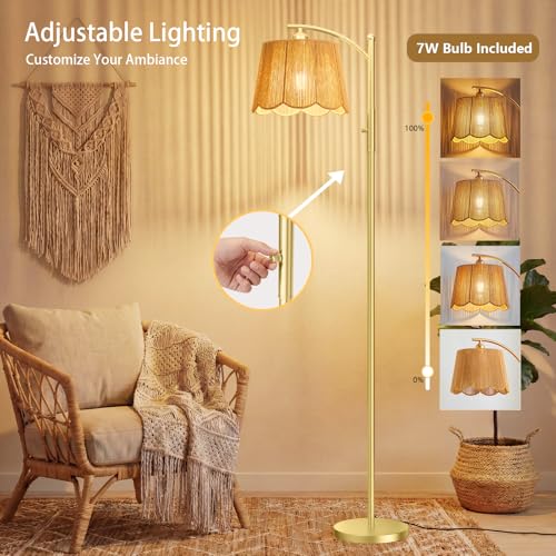 Image of Karjoefar Hand-Woven Shade Rattan Boho Floor Lamps for Living Room Bedroom | 7W Bulb Included, 10-100% Dimmable, 67 inch Tall Farmhouse Floor Lamp for Bedroom Nursery and Living Room with Metal Base & Pole