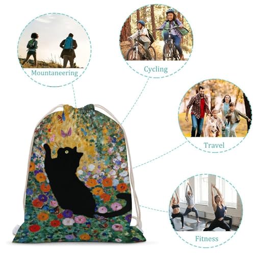 Black Cat Flower Garden Butterflies Drawstring Backpack Canvas String Bag Lightweight Sports Gym Bag for Men Women3