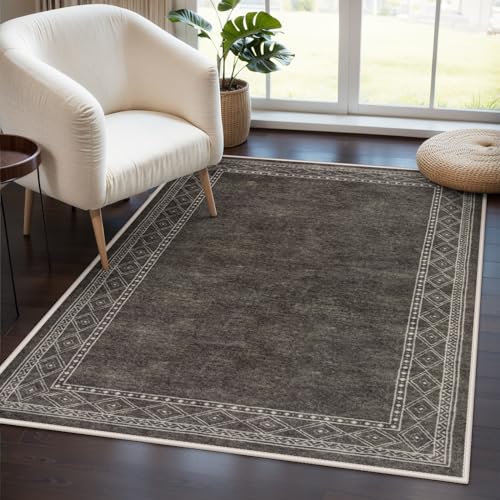 Image of Lahome Modern Bordered Machine Washable Rug, Ultra-Thin Soft 3x5 Rugs for Entryway Bedroom, Non-Slip Stain Resistant Small Carpet for Laundry Entry（3'x 5',Brown