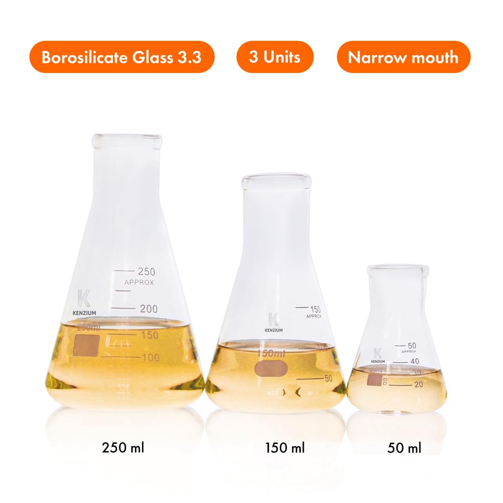KENZIUM - Pack 3 x Beuta Erlenmeyer | Formati: 50 ml, 150 ml e 250 ml | Vetro Borosilicato 3.3 | Graduazione Stampata | Collo Stretto | Ideale Laboratorio, Scuola