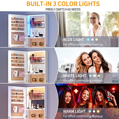 Lvsomt Led Jewelry Mirror Cabinet 42.5", Wall/Door Jewelry Armoire Organizer, Full-Length Mirror With Jewelry Storage, Over The Door Hanging Mirror, Built-In Makeup Mirror, 2 Drawers, Lockable, White #TOP1
