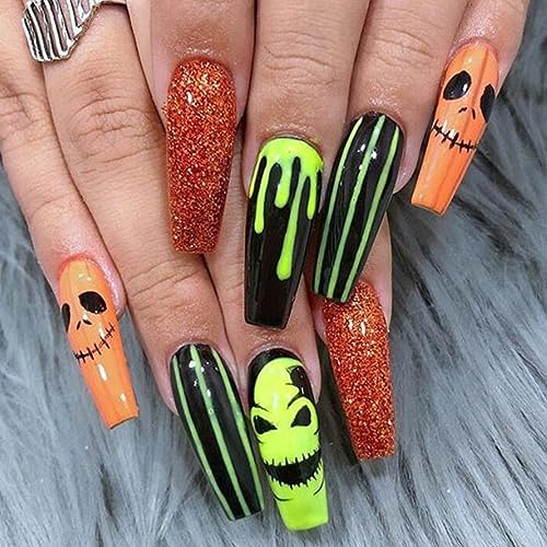 Ceboic 24 Piezas Halloween Uñas Postizas Largas Ataud Bailarina Acrílico Prensa en Uñas Patrón de Espantapájaros Uñas Falsas Cubierta Completa para Mujeres y Niñas Salón de Uñas DIY