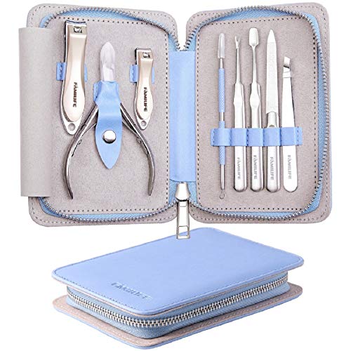 Manicure Set, FAMILIFE L17 Professional Manicure Kit Nail Clippers Set 8 in 1 Stainless Steel Pedicure Tools Kit Grooming Kit with Portable Blue Leather Travel Case for Women Girl Men