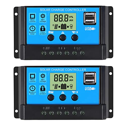 ACEIRMC 2pcs 30A Solar Charge Controller 12V/ 24V Solar Panel Charge Controller Intelligent Regulator with 5V Dual USB Port Display Adjustable Parameter LCD Display and Timer Setting ON/Off Hours