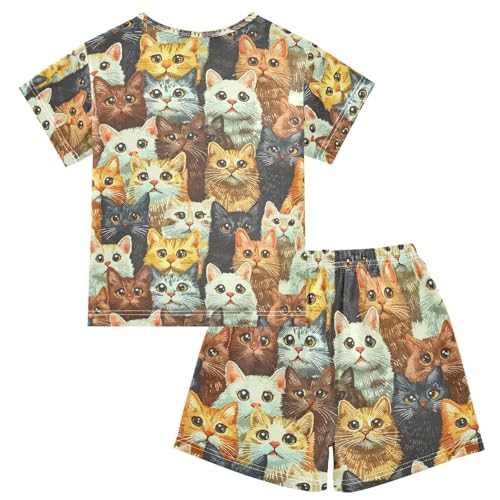 ALAZA Multicolor Cat Kitten Pajamas Set Short Sleeve Cotton Sleepwear Summer Pjs 2 Piece 5-14Y2