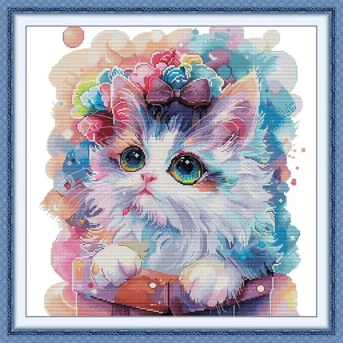 Image of CROSSDECOR Stamped Cross Stitch Kits Full Range of DIY Needlepoint for Adult Beginners Pattern, for Gift and Home Decor 14CT 2 Strands Princess Kitty,18.5x18.5 inch