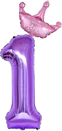 Globos morados del número 1 de 40 pulgadas con corona de princesa, globos de helio de aluminio número 1, decoraciones de fiesta de primer cumpleaños