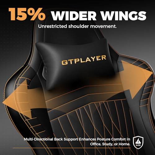 Image of GTPLAYER ACE-PRO Music Gaming Chairs - Built-in Speakers, App Support & Bluetooth Control, Computer Game Chairs with Footrest for Adults, Ergonomic, Reclining, Linkage Armrest, Black & Orange Stitch