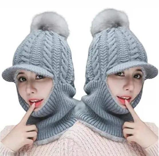 Salona Creations Winter Soft Warm Snow Proof Pom Pom Cap Inside Fur Woolen Beanie Cap for Women's and Girl's (Grey, Pom Pom)
