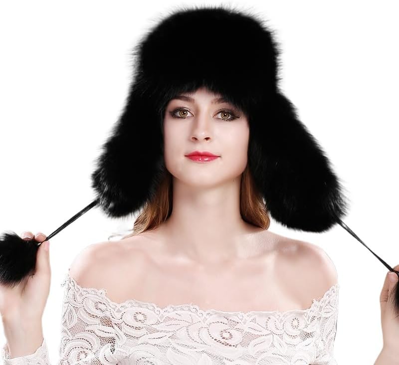 Real Fox Fur Trapper Hat with Earflap, Genuine Sheepskin Leather Shell Winter Warm Windproof Hat