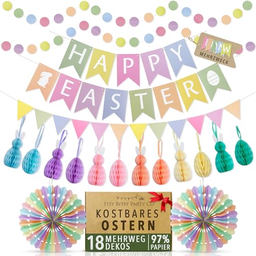 Premium Wiederverwendbare Osterdeko - Osterhase & Ostereier Deko, Wabenpapier Ostern Deko - Ostergirlande, Osterhasen, Ostereier zum Aufhängen - Osterdeko Modern (Banner auf Englisch)