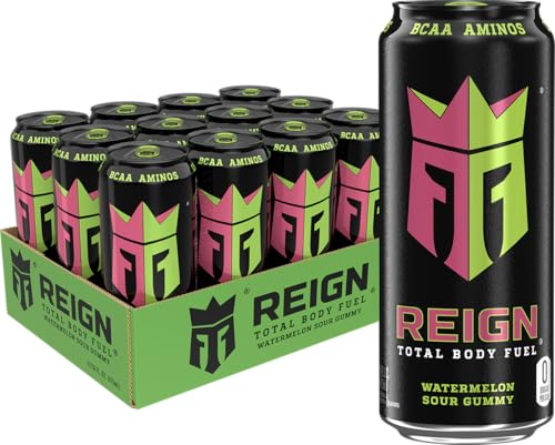 Reign Total Body Fuel, Watermelon Sour Gummy, Fitness & Performance Drink, 16 Fl Oz (Pack of 12)