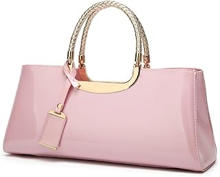 XingChen Glossy Women Handbag Faux Patent Leather Top-Handle Bag Structured Shoulder Bag Tote Evening Purse Party Satchel(Pink)