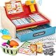 maysida Kinderkasse Holz-Registrierkasse mit Scanner & Sound für Kinder 3-5 Jahre, Spielzeug Kasse mit Scanner/Spielgeld/Münzen/EC-Karte/Einkaufskorb/Zubehör, kaufladen zubehör Idee (Blaue)